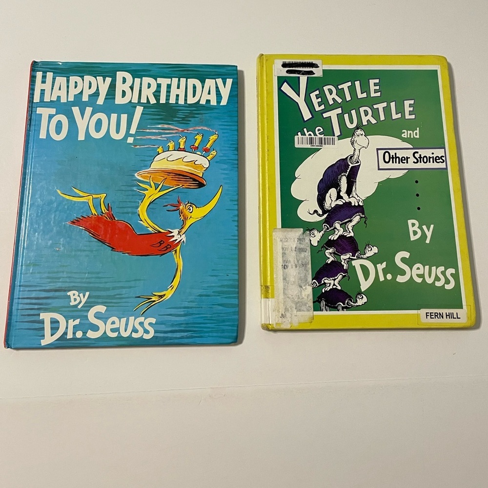 2 Dr Seuss Childrenโs HC Books, YERTLE the TURTLE & HAPPY Birthday To You 1950s